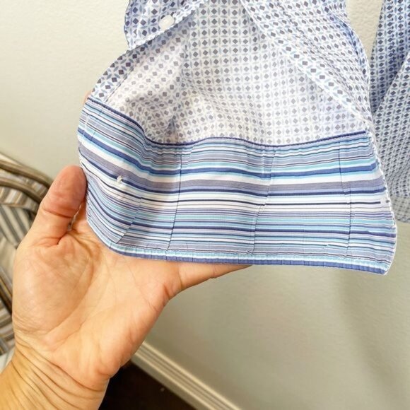 Tallia Navy Lavender Geometric Print Button Down Shirt Size Large 16.5" Classic - Picture 8 of 9